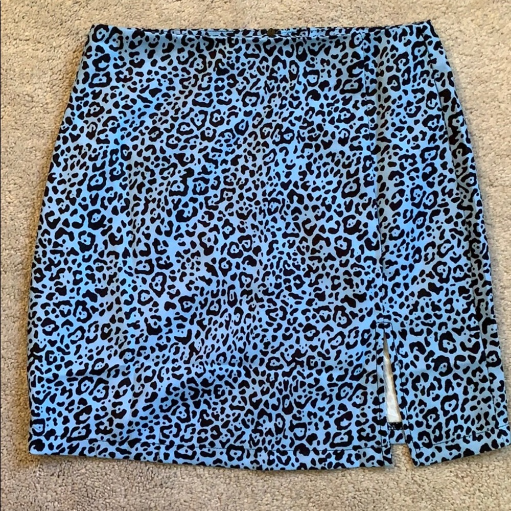 blue and black leopard print skirt with slit